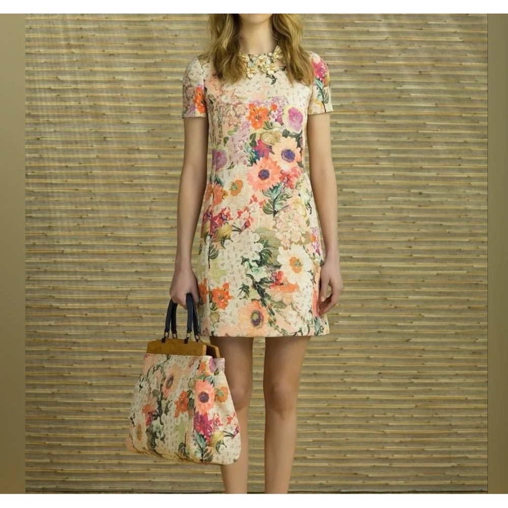 Tory Burch Dress Women's 12 Resort Kaley Multi Floral Brocade Short Sleeve Shift